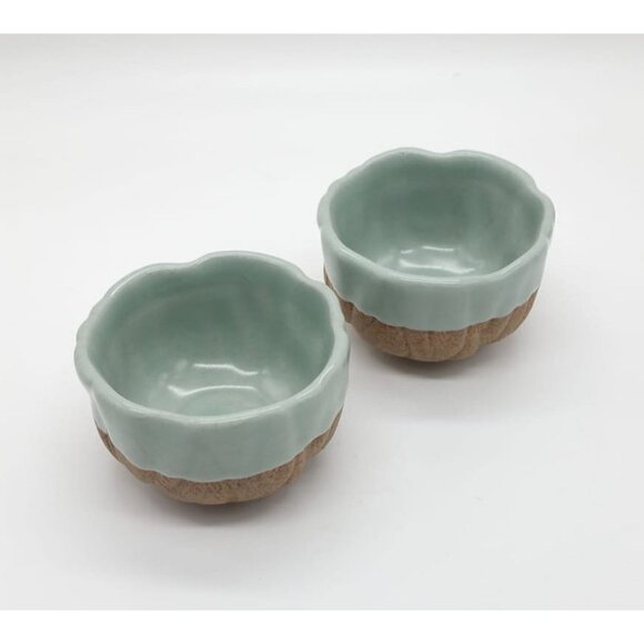 2 Small Celadon Flower Bloom Two-Tone Ceramic Bowls